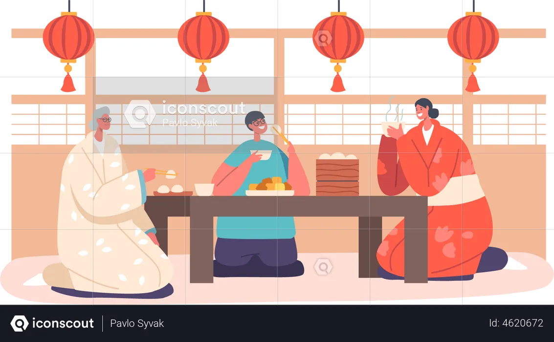 Família asiática e criança jantam em casa  Ilustração