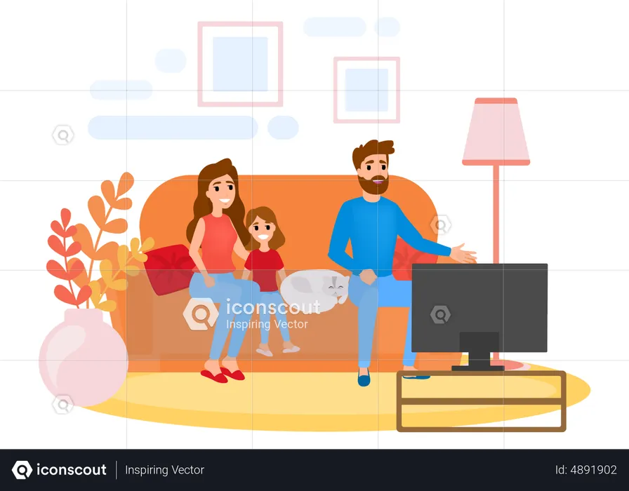 Família assistindo TV enquanto está sentado no sofá juntos  Ilustração