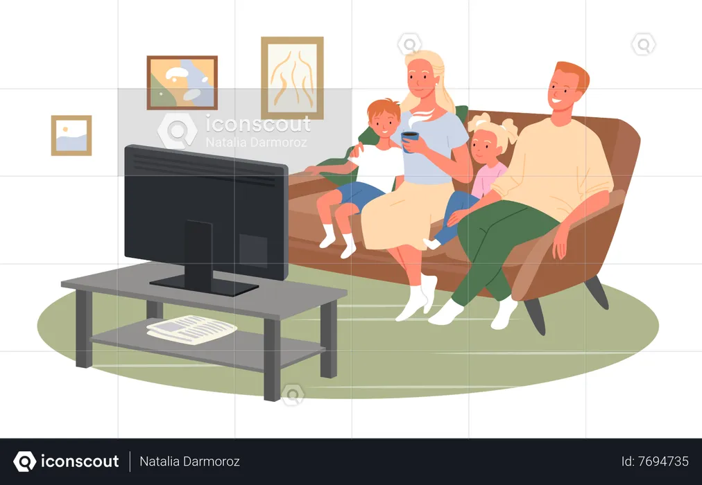 Família assistindo TV juntos  Ilustração