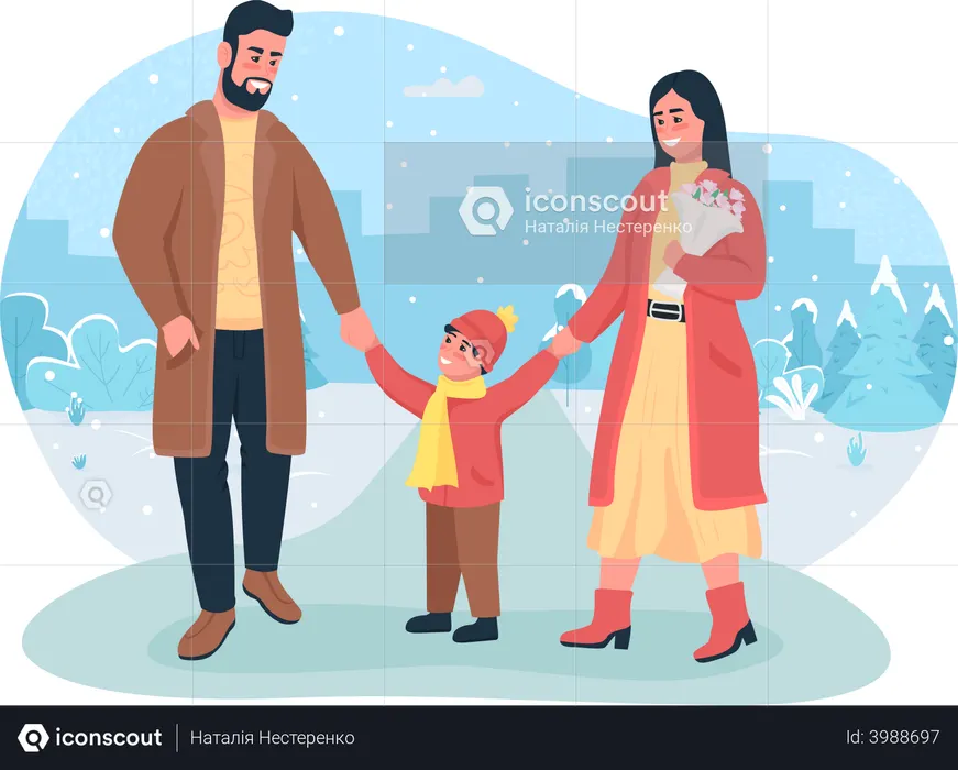 Familia caminando junto con su hijo  Ilustración