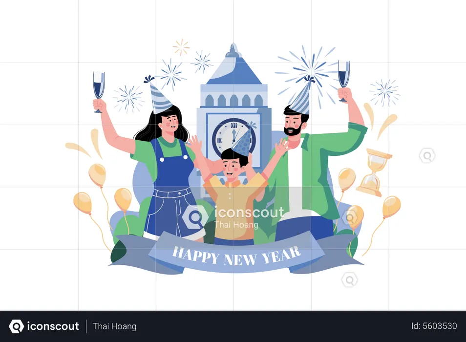 Familia celebrando la víspera de Año Nuevo  Ilustración