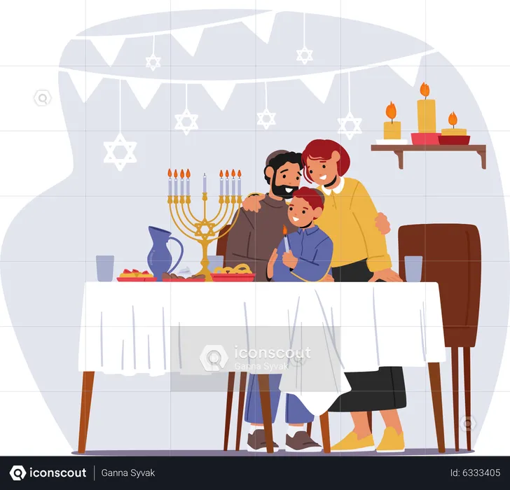 Família comemorando hanukkah  Ilustração