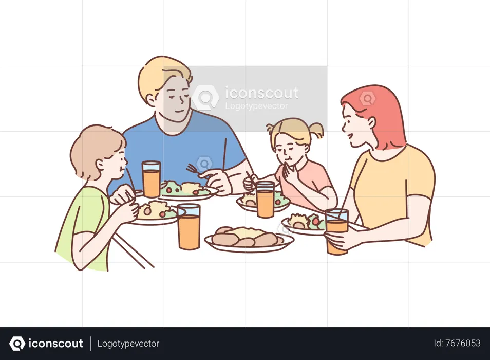 Familia cenando juntos  Ilustración