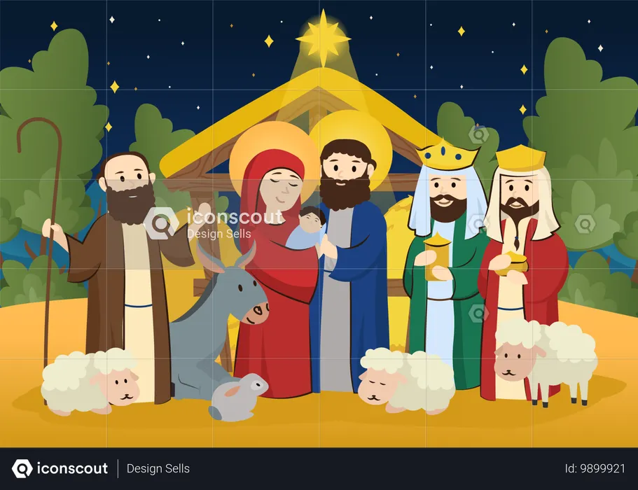 Familia cristiana disfruta del festival navideño  Ilustración