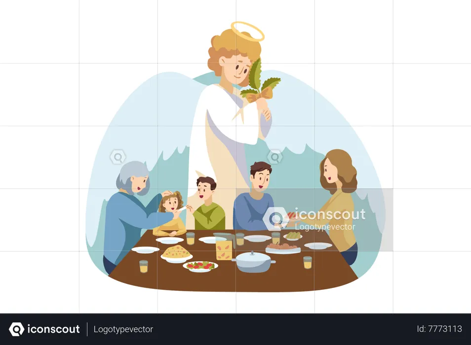 Familia cristiana ora junta durante la comida  Ilustración