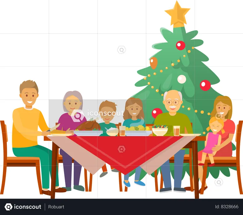 Familia de Navidad cenando de celebración en casa  Ilustración