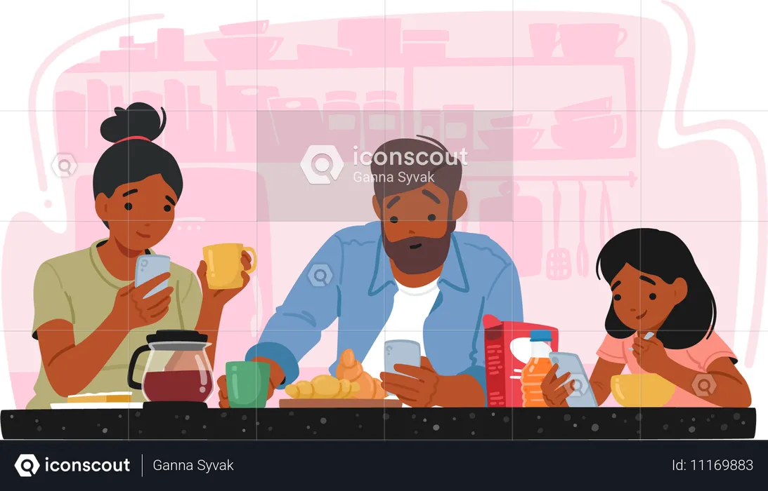 Familia desayunando junta en un ambiente acogedor de cocina  Ilustración