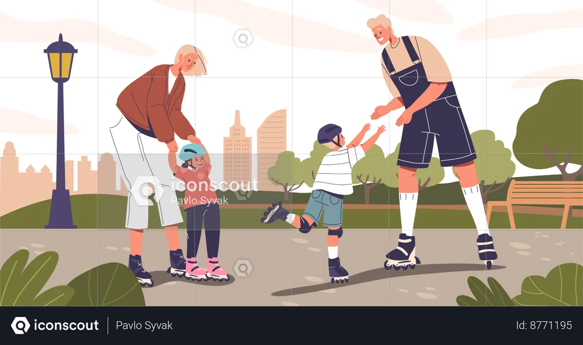 La familia se desliza sobre patines en el parque de verano  Ilustración