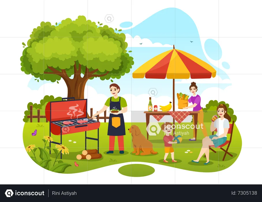 Familia disfrutando de una fiesta de barbacoa en el parque  Ilustración