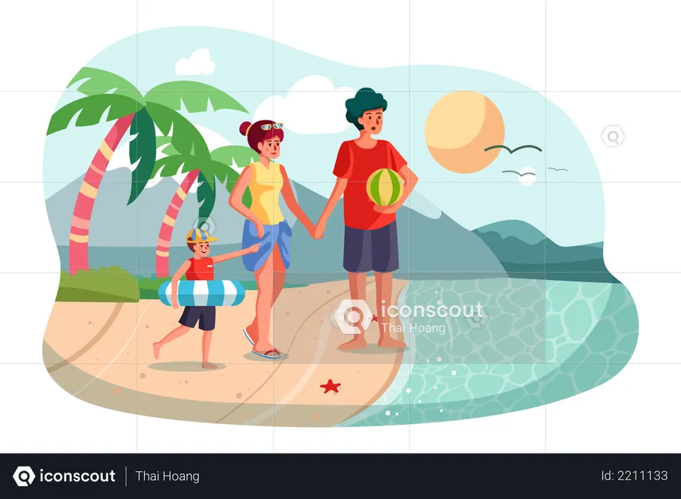Familia disfrutando de vacaciones en la playa  Ilustración