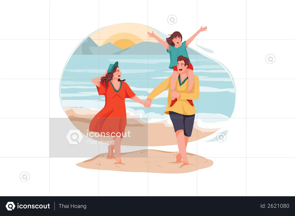 Familia disfrutando en la playa  Ilustración