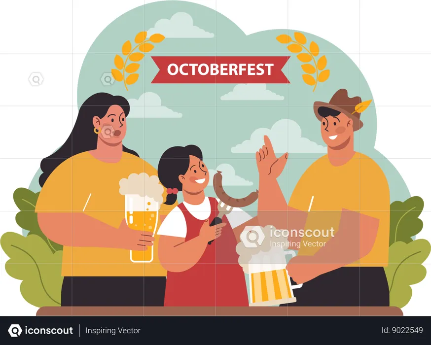 Familia disfrutando del Oktoberfest  Ilustración