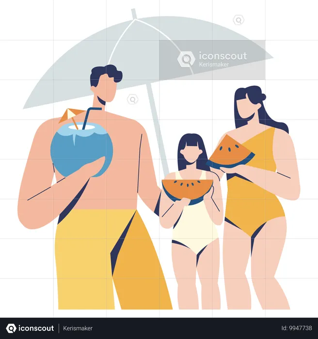 Familia disfrutando de vacaciones en la playa  Ilustración