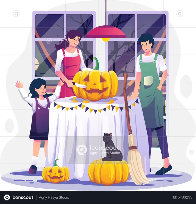 Família esculpindo abóboras em casa se preparando para o Halloween  Ilustração