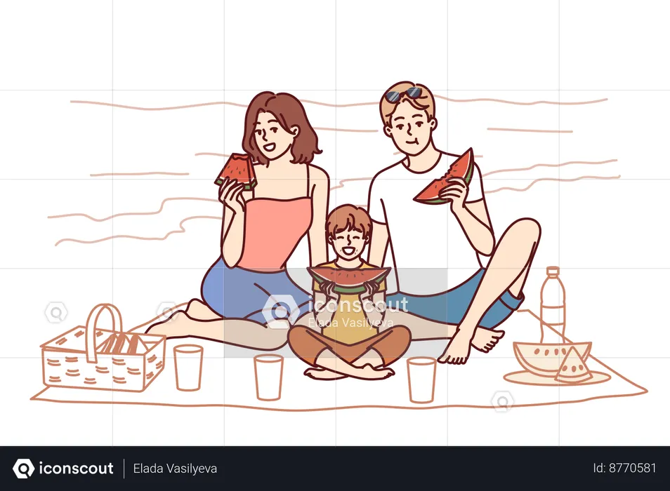 La familia está disfrutando en la playa.  Ilustración