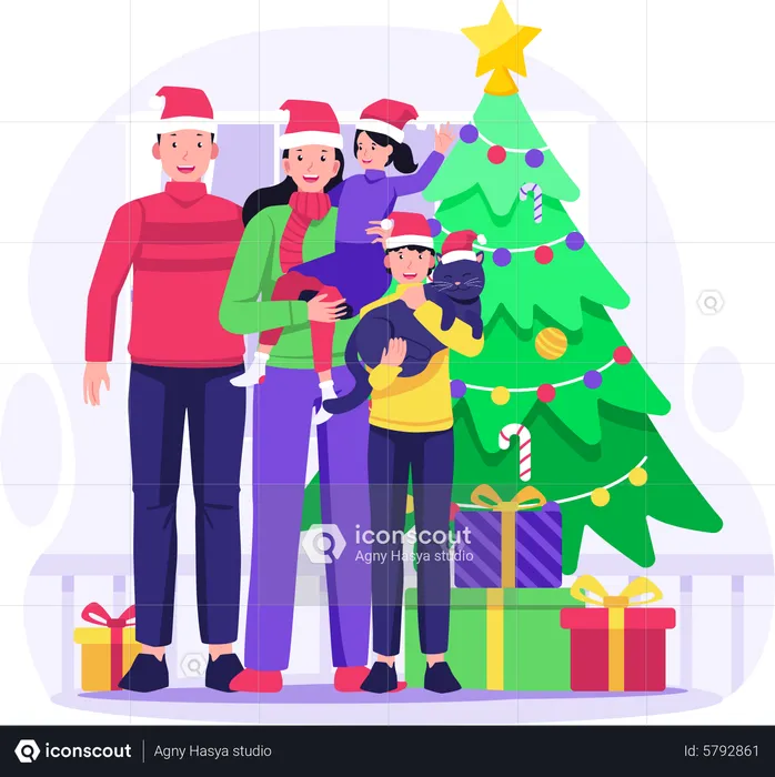 Família Feliz comemora Natal e Ano Novo perto  Ilustração