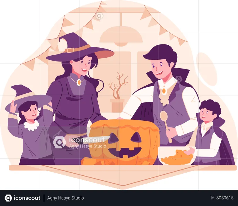 Família feliz esculpindo abóbora juntos em casa para preparação para o Halloween  Ilustração