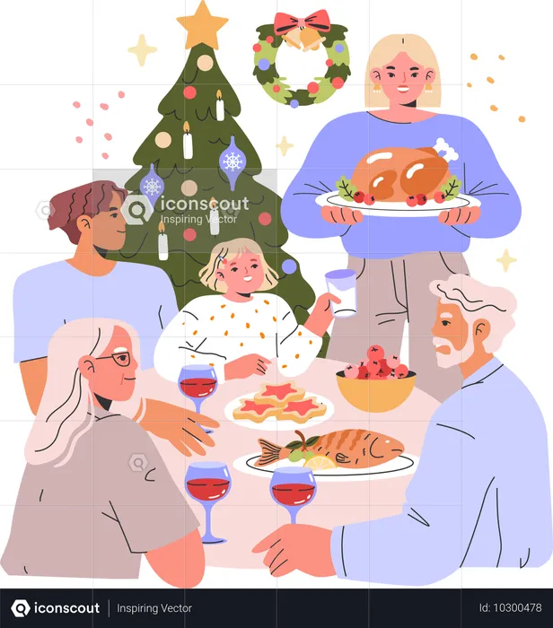 Família feliz comemora o Natal juntos  Ilustração