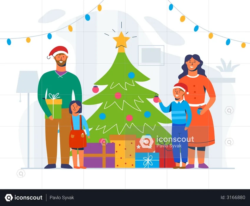 Familia feliz decorando el árbol de Navidad  Ilustración