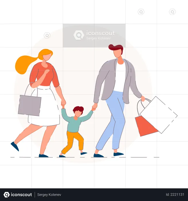 Família feliz fazendo compras em uma temporada de vendas no shopping  Ilustração