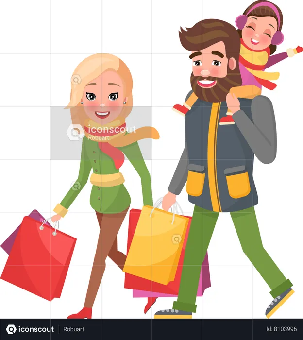 Familia feliz haciendo compras  Ilustración