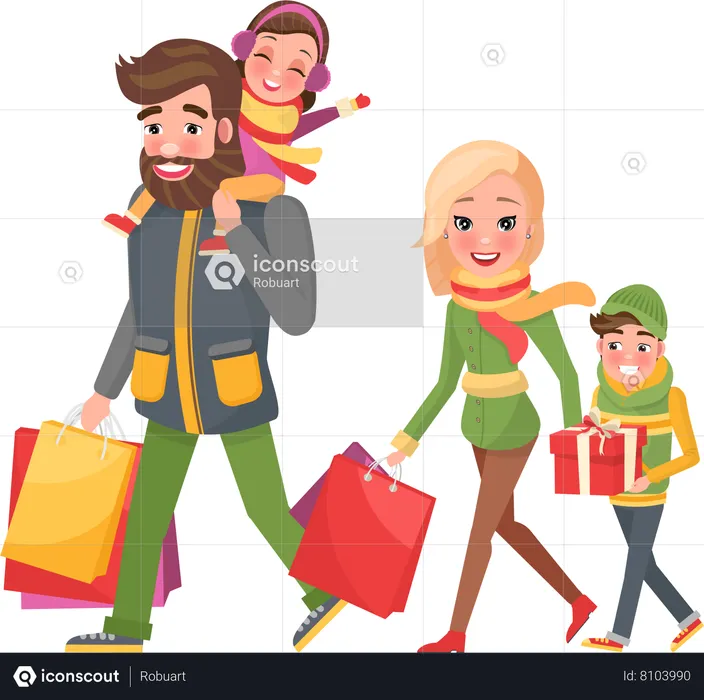 Familia feliz juntos haciendo compras navideñas  Ilustración