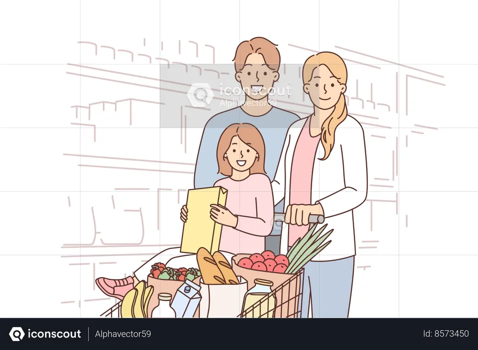 Família feliz no supermercado  Ilustração