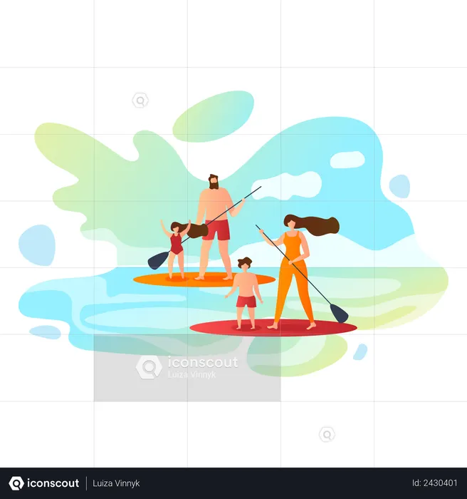 Familia haciendo surf  Ilustración