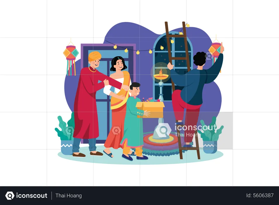 Familia india celebrando el festival Diwali  Ilustración