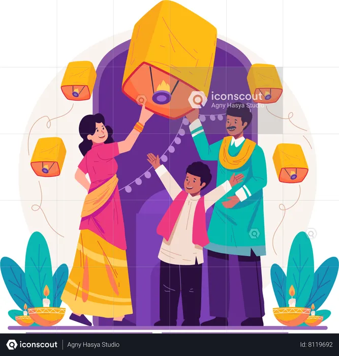 Familia india lanza linternas al cielo para celebrar el festival de luces de Diwali  Ilustración