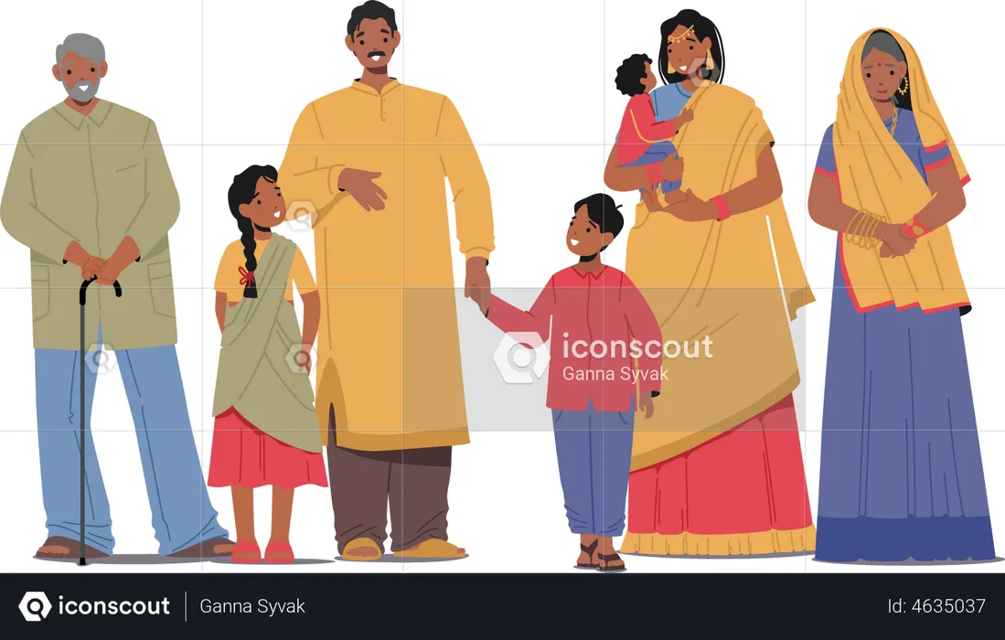 Familia india de pie juntos  Ilustración