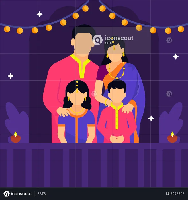 Família indiana comemorando Diwali  Ilustração