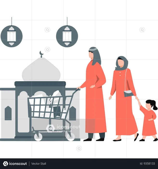 Familia islámica yendo de compras al Ramadán  Ilustración