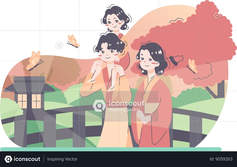 Família japonesa saindo para passear  Ilustração