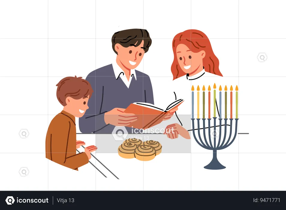 Família judia celebra o dia hanukkah e lê o livro sagrado juntos em pé perto da mesa e dos menores  Ilustração