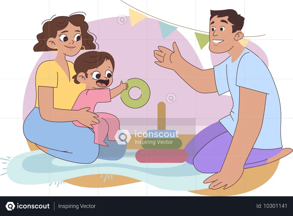 Familia jugando a los anillos piramidales con un niño  Ilustración