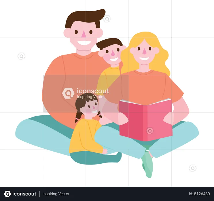 Familia leyendo novela juntos  Ilustración