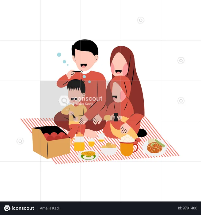 Família muçulmana desfrutando de comida de piquenique  Ilustração