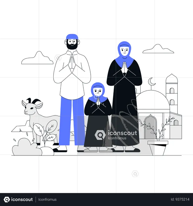 Família muçulmana deseja feliz Eid Al Adha para todos  Ilustração