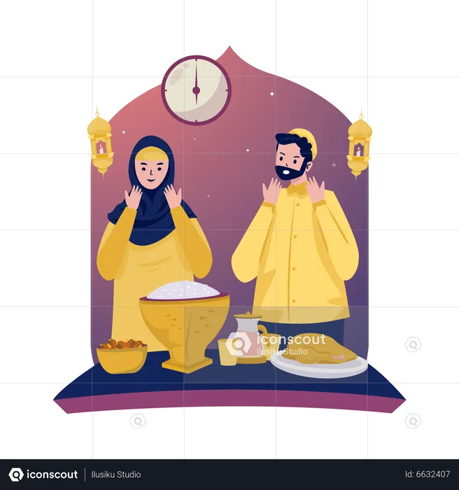 Família muçulmana fazendo oração antes do iftar  Ilustração