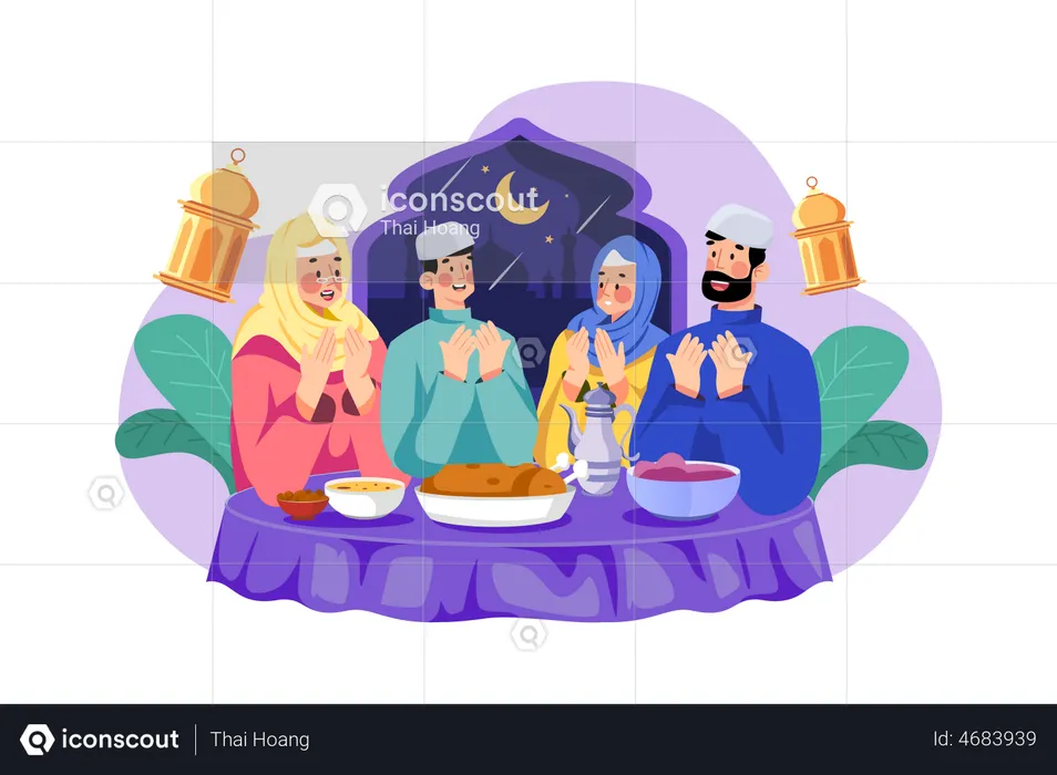 Família muçulmana fazendo oração do Eid  Ilustração