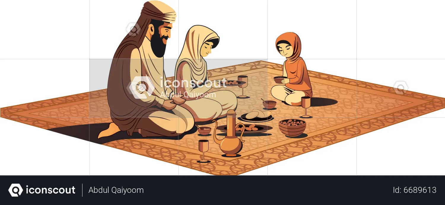 Família muçulmana fazendo oração do Eid jantando  Ilustração