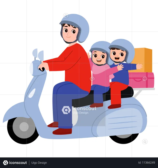 Família muçulmana voltando para casa para o Eid andando de scooter  Ilustração