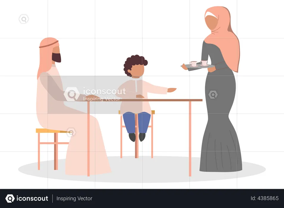 Família muçulmana tomando café enquanto estão sentados juntos  Ilustração