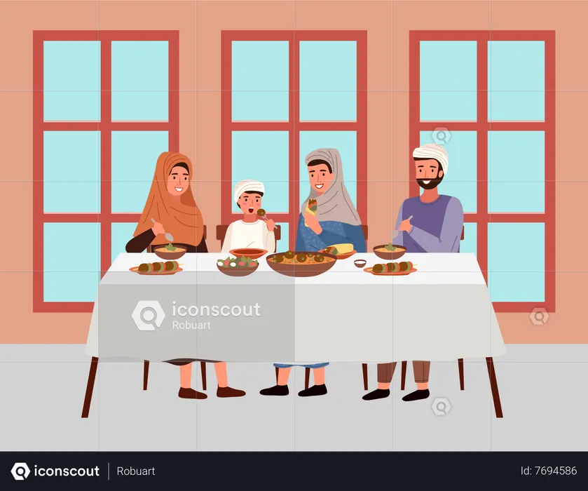 Familia musulmana comiendo comida kosher en la mesa del comedor en casa  Ilustración