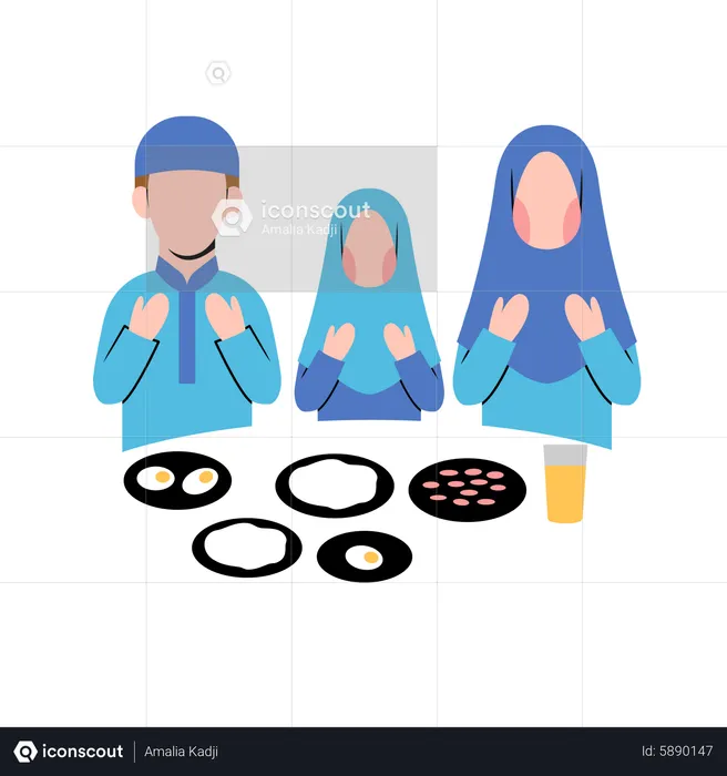 Familia musulmana haciendo oración Iftar  Ilustración