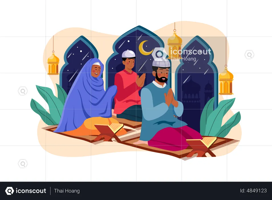 Familia musulmana leyendo el Corán  Ilustración