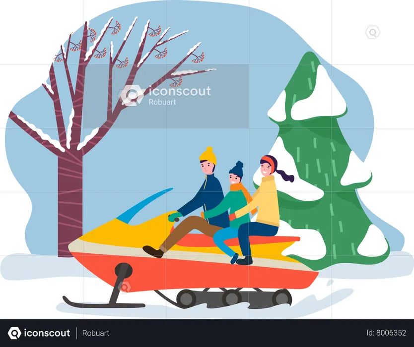 Família nas férias de inverno andando de snowmobile  Ilustração