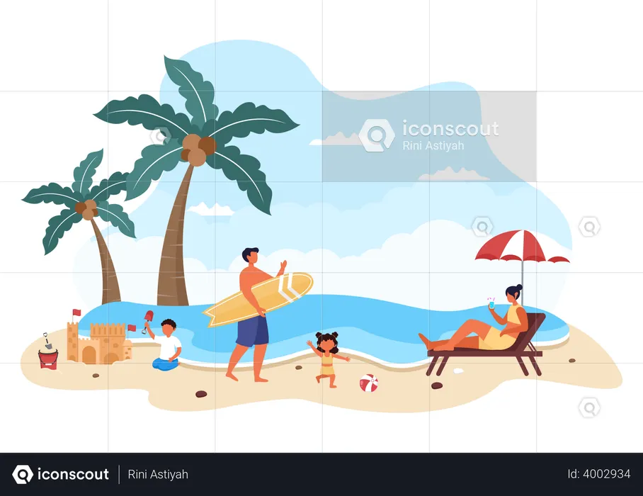 Família passando tempo na praia  Ilustração