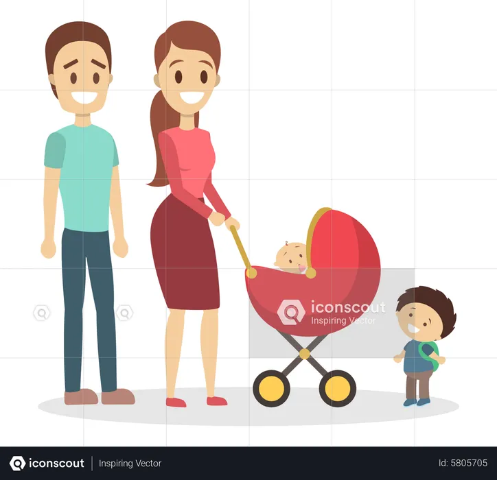Família andando com criança e carrinho de bebê  Ilustração